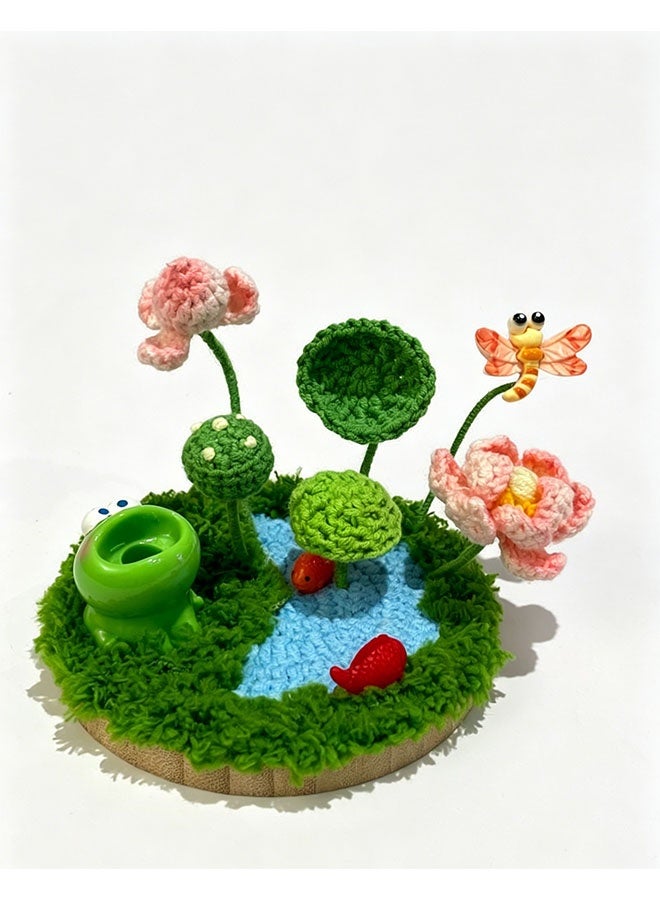 Beauenty Handmade Crochet Lotus Pond Frog Mini Landscape, Cute Dragonfly & Koi Desktop Ornament, Whimsical Home Decor, Unique Handcrafted Gift - Image 1