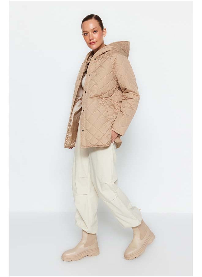 trendyol Beige Hooded Water Repellent Quilted Coat TWOAW23MO00131  - Image 4