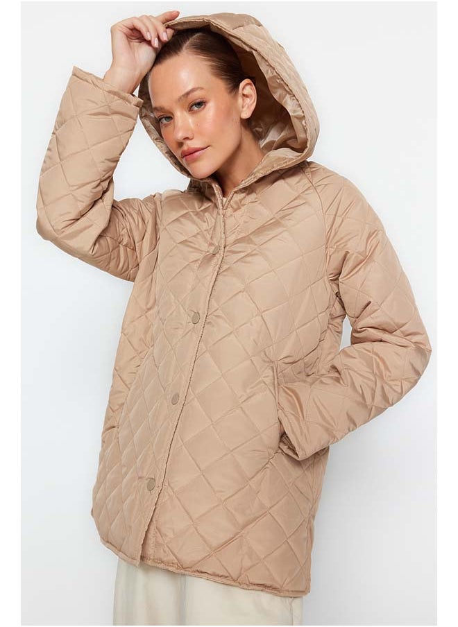 trendyol Beige Hooded Water Repellent Quilted Coat TWOAW23MO00131  - Image 2
