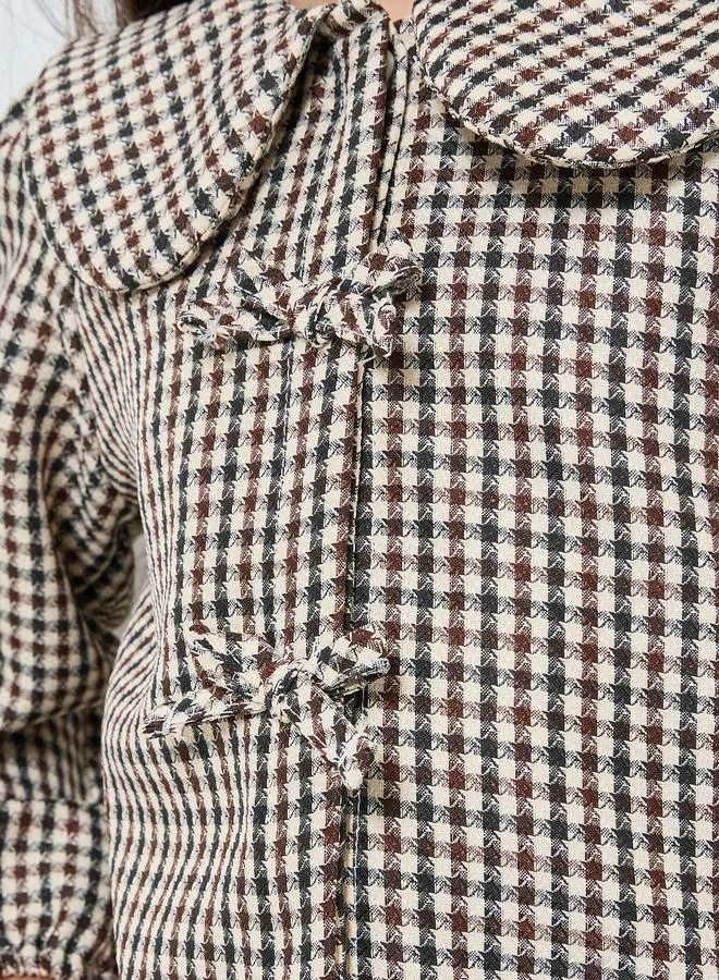 Styli Girls Brown Checkered Blouse with Peter Pan Collar