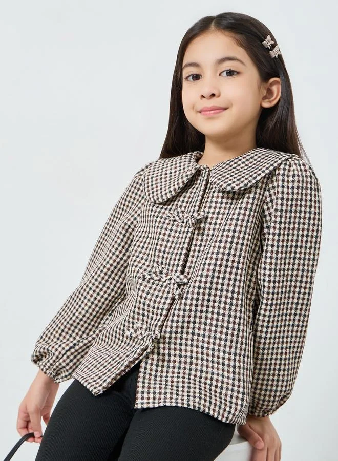 Styli Girls Brown Checkered Blouse with Peter Pan Collar