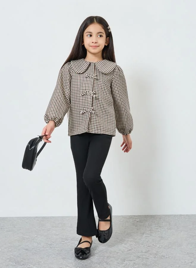 Styli Girls Brown Checkered Blouse with Peter Pan Collar