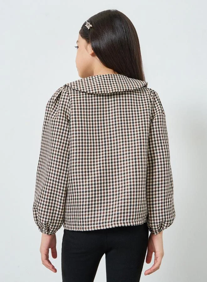 Styli Girls Brown Checkered Blouse with Peter Pan Collar