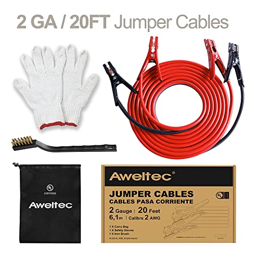 AWELTEC UL-Listed Jumper Cables - 2 Gauge 20 Feet Battery Jumper Cables for Car, Heavy Duty Booster Cables (2AWG x 20Ft) with Carry Bag, Safety Gloves and Iron Brush - Image 2