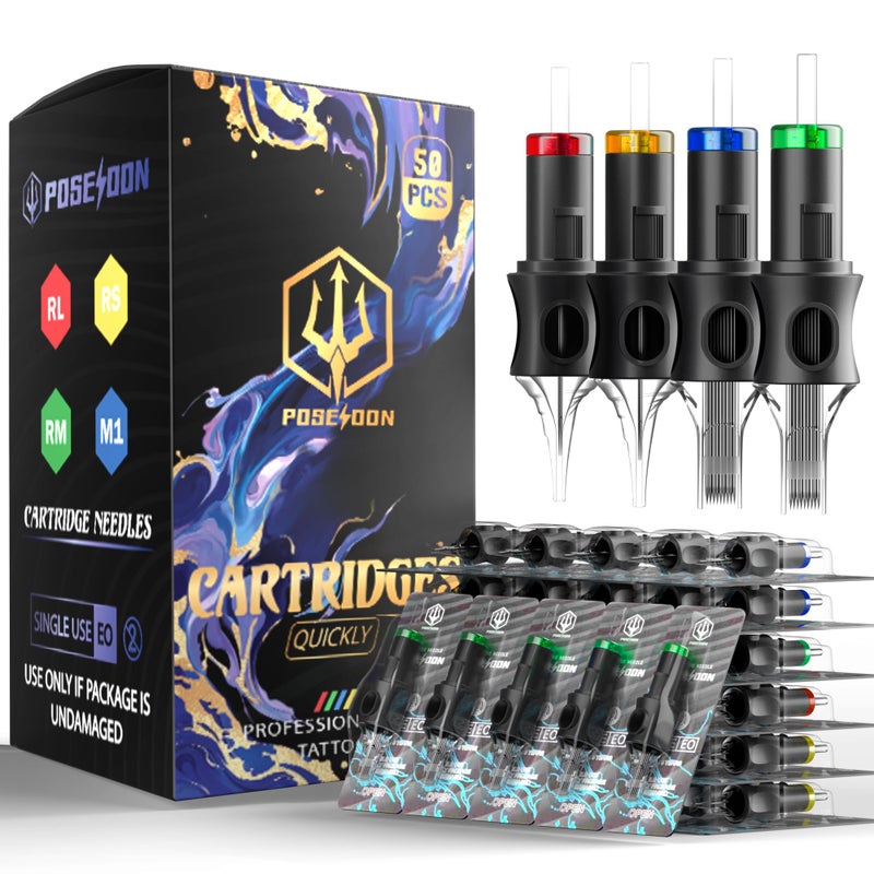 Vidattx Poseidon 50PCS Tattoo Cartridge Needles Assorted Mixed Size #10 Round Liner - 1003RL 1005RL 1007RL 1009RL 1011RL with Membrane Professional Disposable Tattoo Needles - Image 1