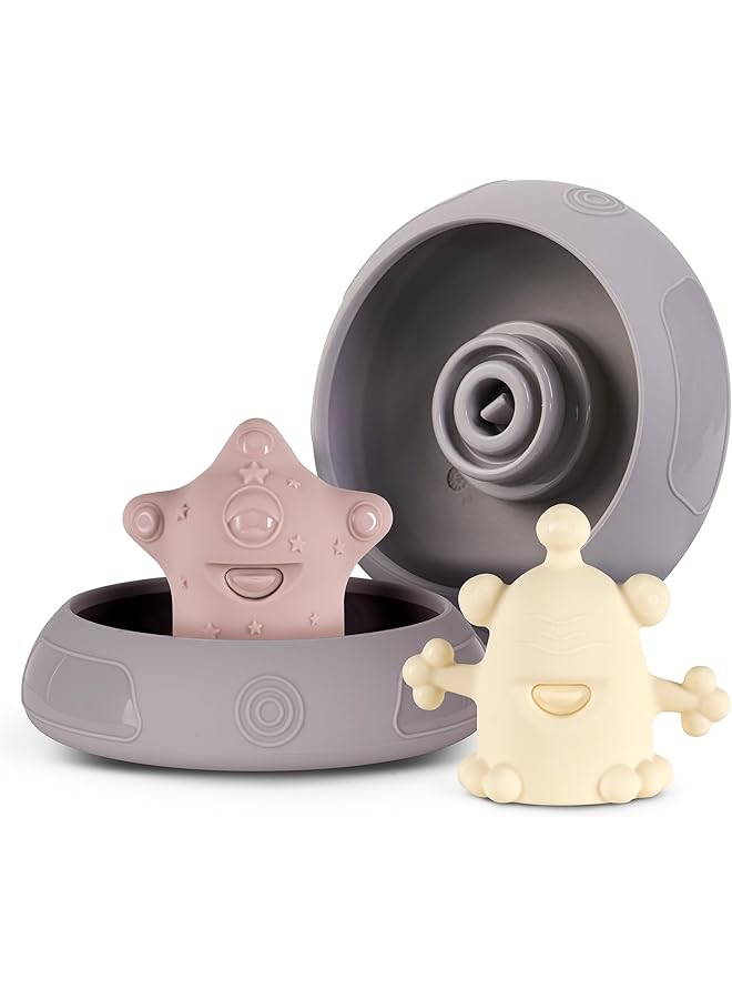 هاكا ألعاب حمام Alien Explorers مصنوعة من السيليكون الآمن غذائيًا للأطفال الصغار، ألعاب مائية عائمة خالية من العفن لأحواض الاستحمام والمسابح والشواطئ بتصميم قابل للفصل للأطفال من سن 1 إلى 3 سنوات (نوفا + جوبيتر) - Image 1