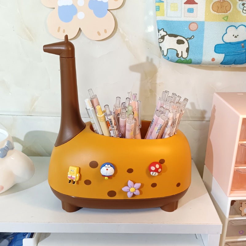 Generic Creative Deer Pen Holder Office Desktop Ornaments Childrens Womens Cute Large Capacity Pen Bucket Students Desktop Storage Box Small +7 patches 