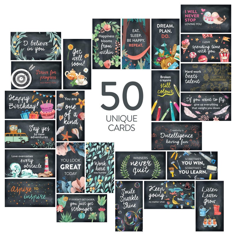 DIVERSEBEE 50 Pack Assorted Inspirational Cards - Motivational Kindness Mini Note Cards, Encouragement Mindfulness Affirmation Card Set with 50 Unique Quotes Business Card Size (Chalkboard) - Image 2