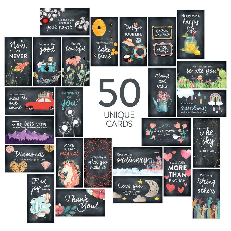 DIVERSEBEE 50 Pack Assorted Inspirational Cards - Motivational Kindness Mini Note Cards, Encouragement Mindfulness Affirmation Card Set with 50 Unique Quotes Business Card Size (Chalkboard) - Image 1