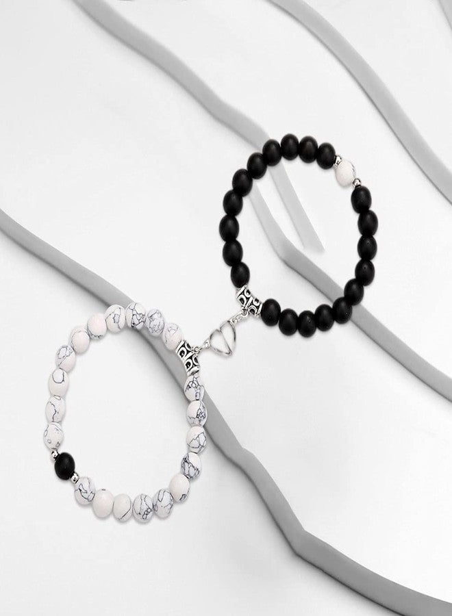 Thrillz Valentine Gift For Girlfriend Couple Bracelets Black & White Natural Stone Onyx Stretchable Heart Magnetic Bracelet For Women Men Girls With Heartbox Love Gifts - Image 4