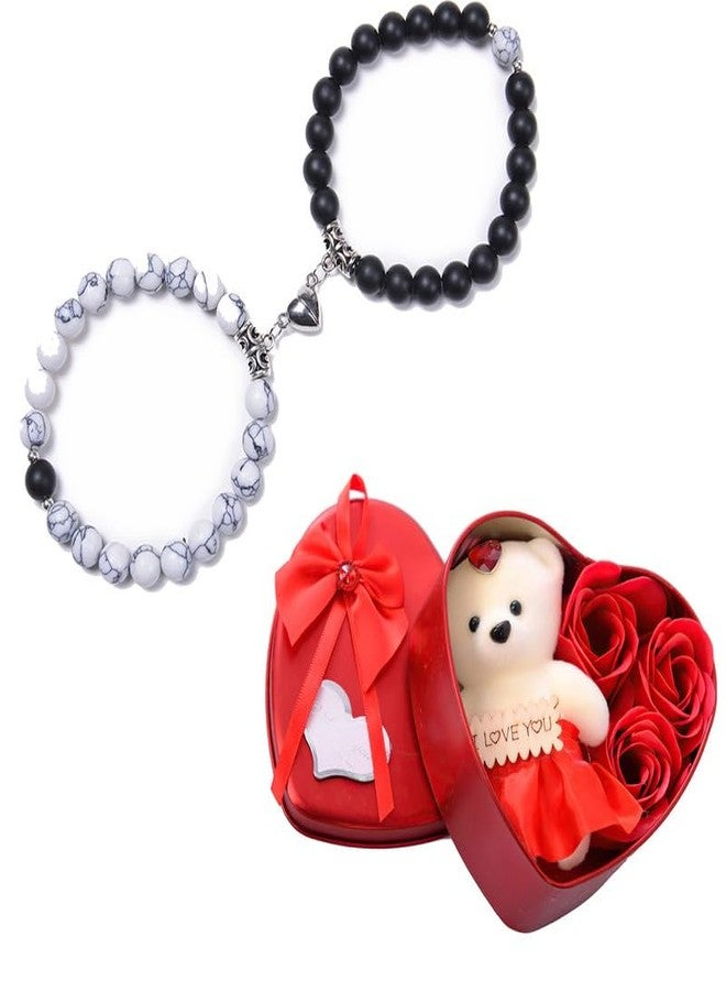 Thrillz Valentine Gift For Girlfriend Couple Bracelets Black & White Natural Stone Onyx Stretchable Heart Magnetic Bracelet For Women Men Girls With Heartbox Love Gifts - Image 1