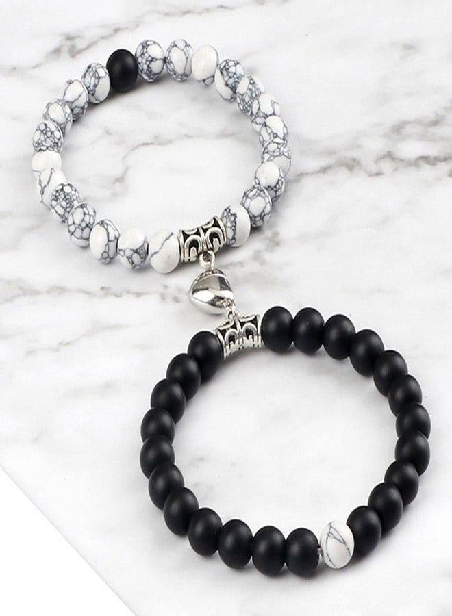 Thrillz Valentine Gift For Girlfriend Couple Bracelets Black & White Natural Stone Onyx Stretchable Heart Magnetic Bracelet For Women Men Girls With Heartbox Love Gifts - Image 5