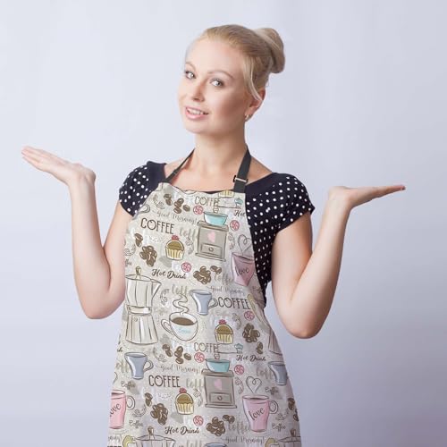 Olikked Retro Apron for Women Coffee Set Patterns Mans Aprons for Grilling for Kitchen Cooking Restaurant BBQ Painting Crafting Gardening 27” (W) x 31” (H), Waterproof Aprons - Image 3