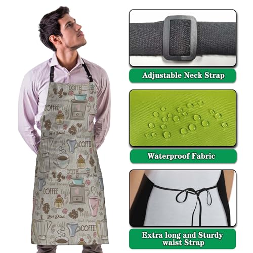 Olikked Retro Apron for Women Coffee Set Patterns Mans Aprons for Grilling for Kitchen Cooking Restaurant BBQ Painting Crafting Gardening 27” (W) x 31” (H), Waterproof Aprons - Image 4