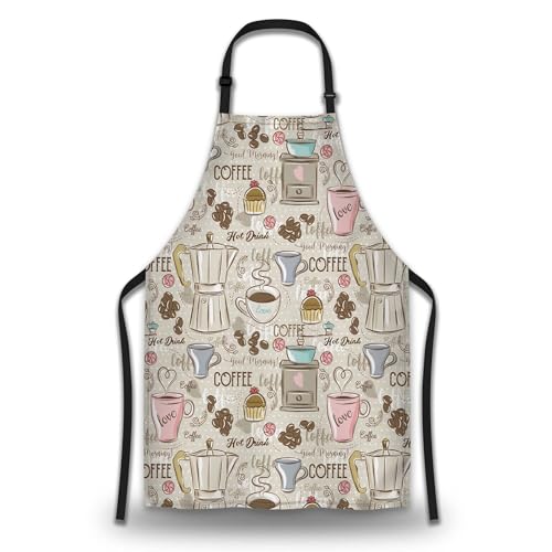 Olikked Retro Apron for Women Coffee Set Patterns Mans Aprons for Grilling for Kitchen Cooking Restaurant BBQ Painting Crafting Gardening 27” (W) x 31” (H), Waterproof Aprons - Image 1