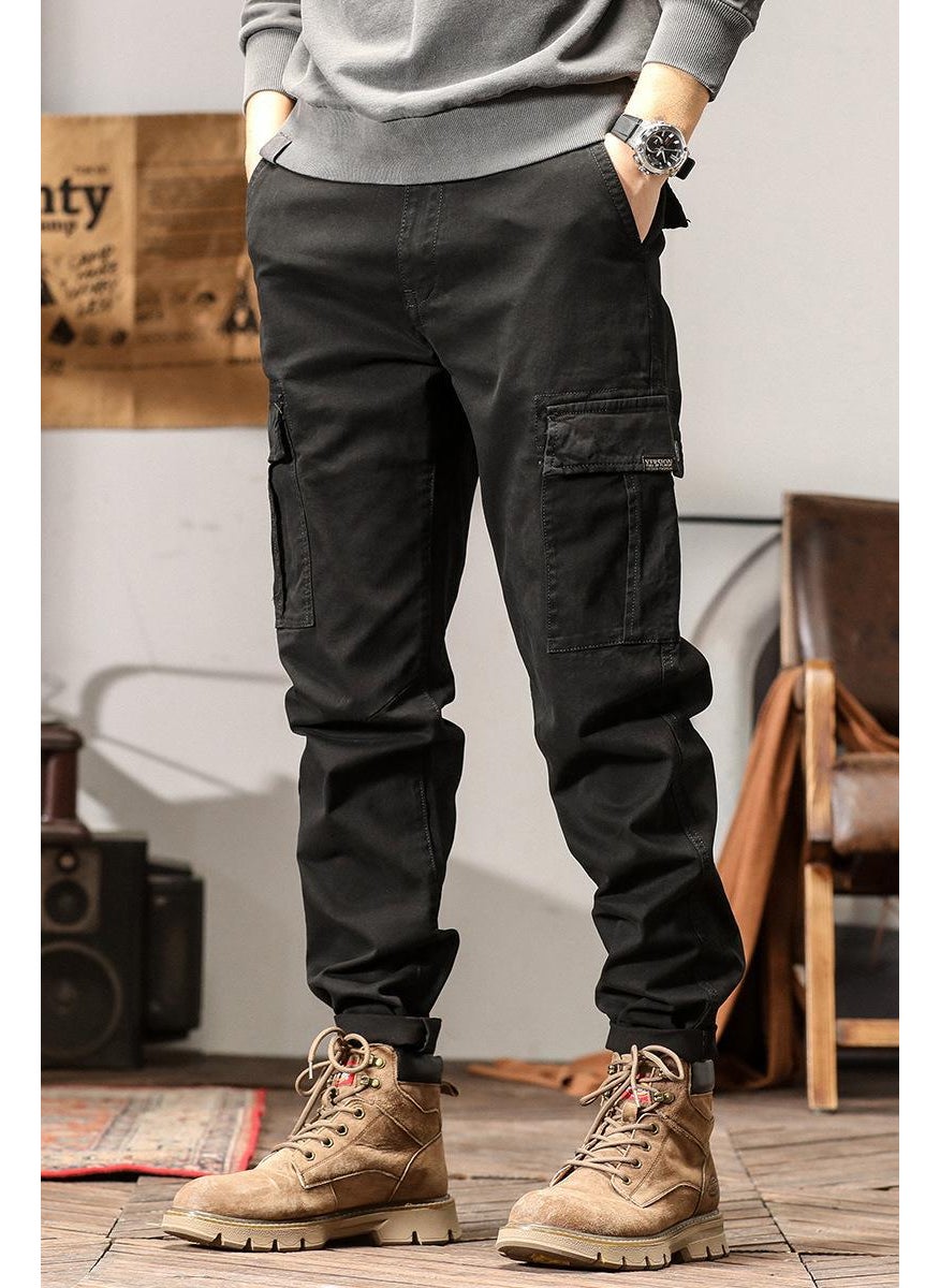 Generic - American Style Vintage Large Pocket Cargo Pants Loose Fit Japanese Style Trousers Trendy Brand Zipper Up Casual Pants For Men Black - Image 1