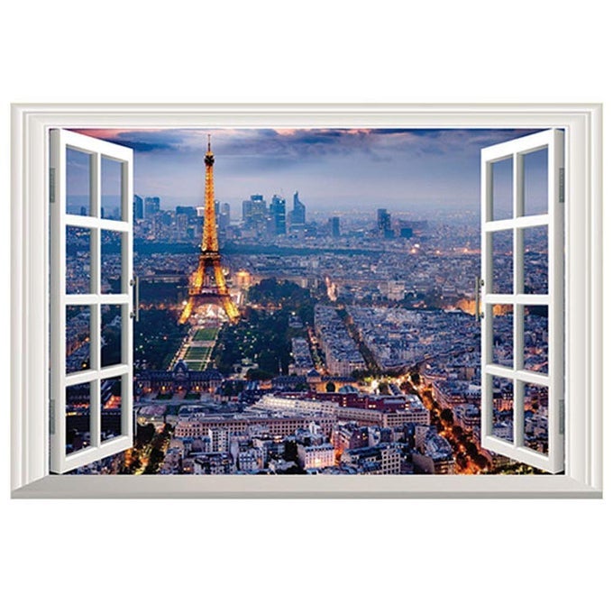 EIFFEL TOWER IN PARIS ROMANTIC SCENERY 3D FAKE WINDOW DECORATIVE DECALS INTERIOR ROOM WALL STICKERS FOR BEDROOM LIVING ROOM PLAYROOM DECALS 24 INCHES X 16 INCHES