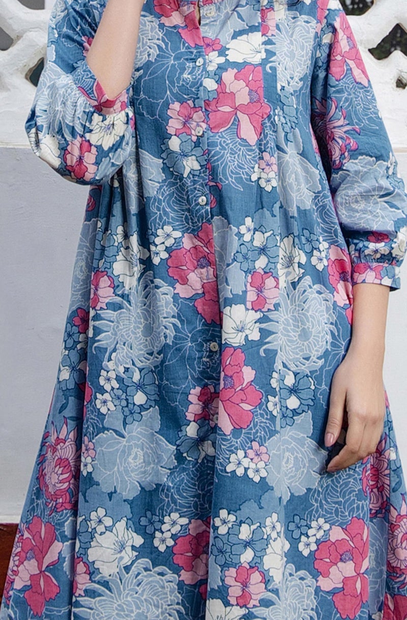 Janasya Women's Plus Size Blue Pure Cotton Floral Printed A-line Tunic (XLC24TU01557-J1-5XL) - Image 5