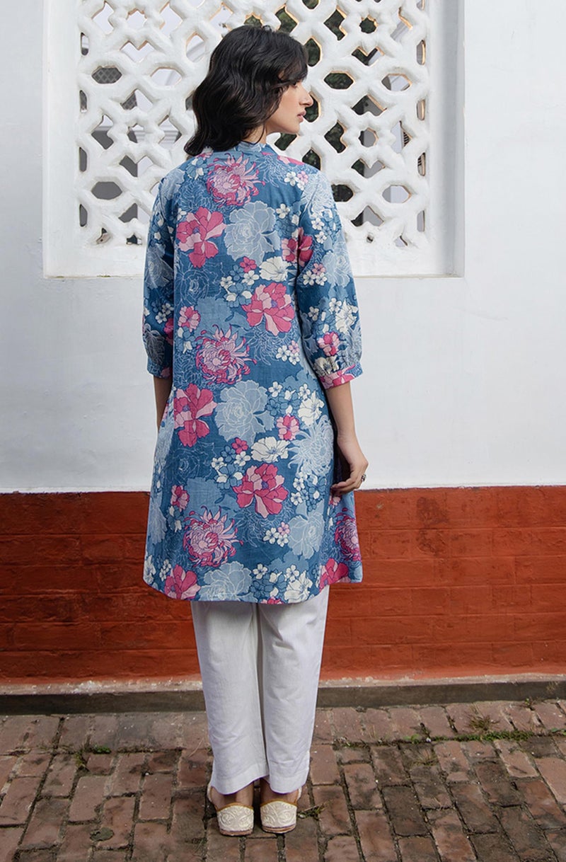 Janasya Women's Plus Size Blue Pure Cotton Floral Printed A-line Tunic (XLC24TU01557-J1-5XL) - Image 4