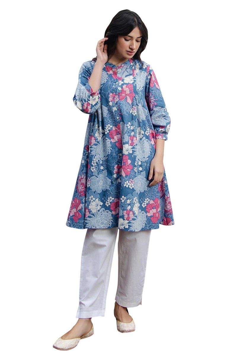 Janasya Women's Plus Size Blue Pure Cotton Floral Printed A-line Tunic (XLC24TU01557-J1-5XL) - Image 1