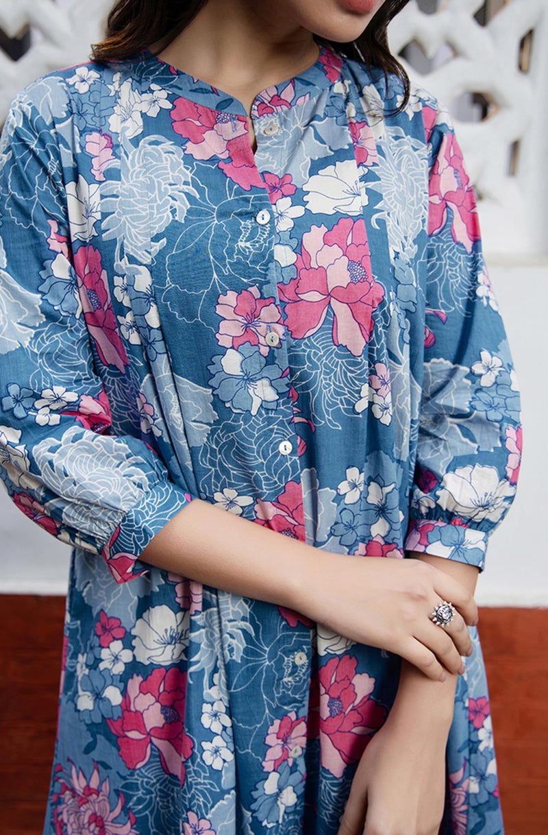 Janasya Women's Plus Size Blue Pure Cotton Floral Printed A-line Tunic (XLC24TU01557-J1-5XL) - Image 3