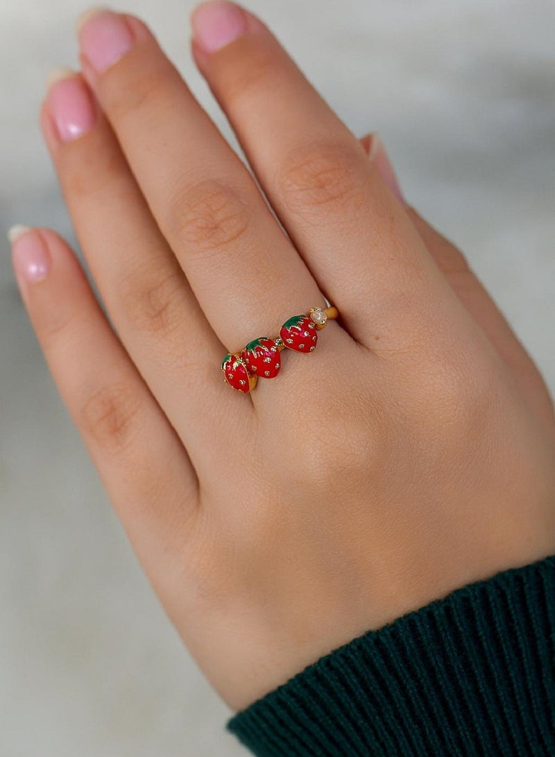 Strawberry Design Fashion Ring, Red Enamel with Pearl Accent, Gold Tone