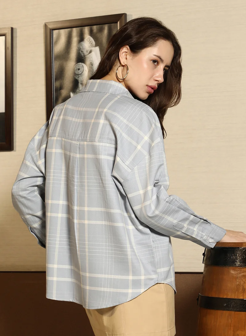 PINACOLADA Pinacolada Women's Cloud Grey Tartan-Imprint Oversized Shirt | Spread Collar , Long Cuffed Sleeves , Button Closure | Plaid Plain Material | Cotton Shirt For Casual Wear