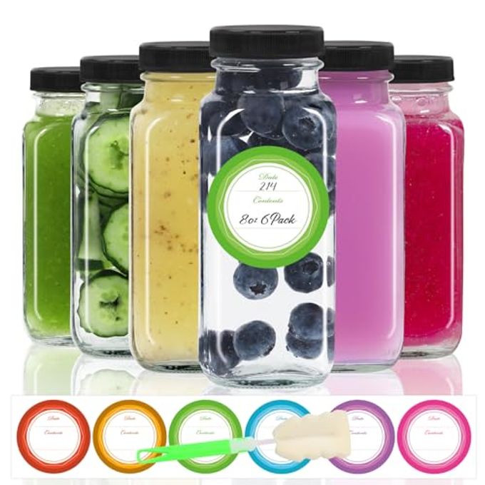 8 OZ GLASS JUICE BOTTLES WITH LIDS 6 PACK SQUARE REUSABLE DRINKING JARS FOR JUICING MILK KOMBUCHA INCLUDES 1 BOTTLE BRUSH 6 COLORED LABELS