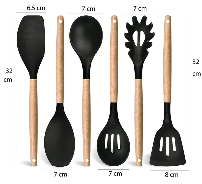 FS COOL 6Piece Kitchen Utensils Set with Silicone Head Wooden Handle NonStick and 446F Heat Resistant Suitable for Kitchen Restaurant Easy to Clean Various Matches Black - Image 2