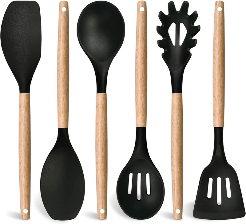 FS COOL 6Piece Kitchen Utensils Set with Silicone Head Wooden Handle NonStick and 446F Heat Resistant Suitable for Kitchen Restaurant Easy to Clean Various Matches Black - Image 1
