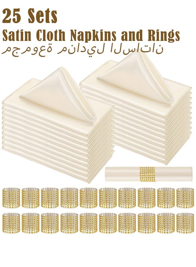 Bincoo 25 Sets Satin Napkins and Ring Set Washable Napkins for Wedding Party Hotel Restaurant Dinner Family Gathering, Champagne Color - Image 1