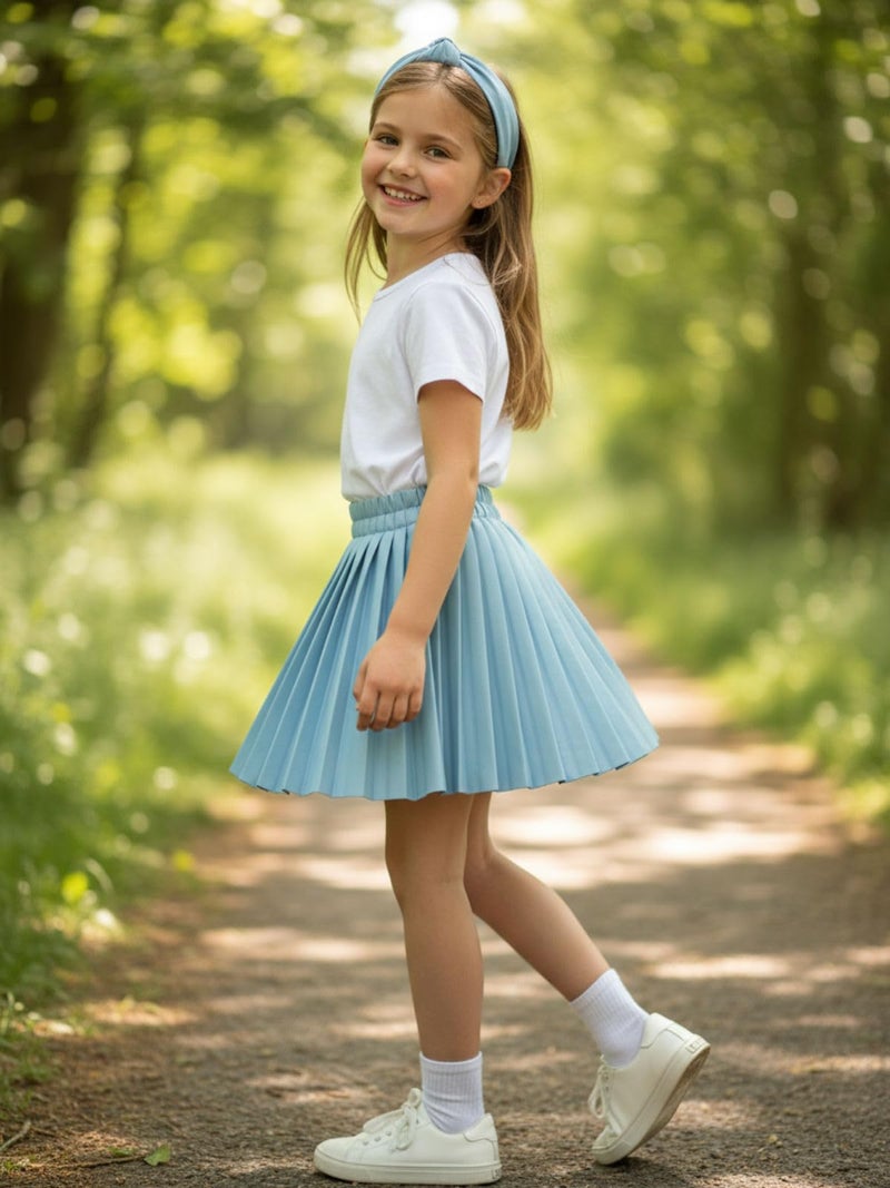 WELAKEN Pu Leather Skirts for Girls Kids & Teen & Toddler & Women Faux Leather Pleated Skirts,PowderBlue,8 Years - Image 4