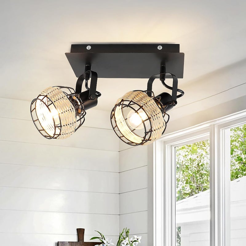 Depuley Ceiling Track Light Fixture: 2-Light Rattan Led Track Lighting Kit - Flush Mount Wall or Ceiling Spotlights Flexibly Adjustable Decorative Accent Lamp for Kitchen Living Room Bedroom Hallway - Image 2