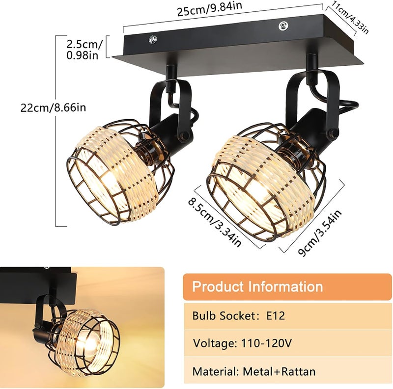 Depuley Ceiling Track Light Fixture: 2-Light Rattan Led Track Lighting Kit - Flush Mount Wall or Ceiling Spotlights Flexibly Adjustable Decorative Accent Lamp for Kitchen Living Room Bedroom Hallway - Image 5