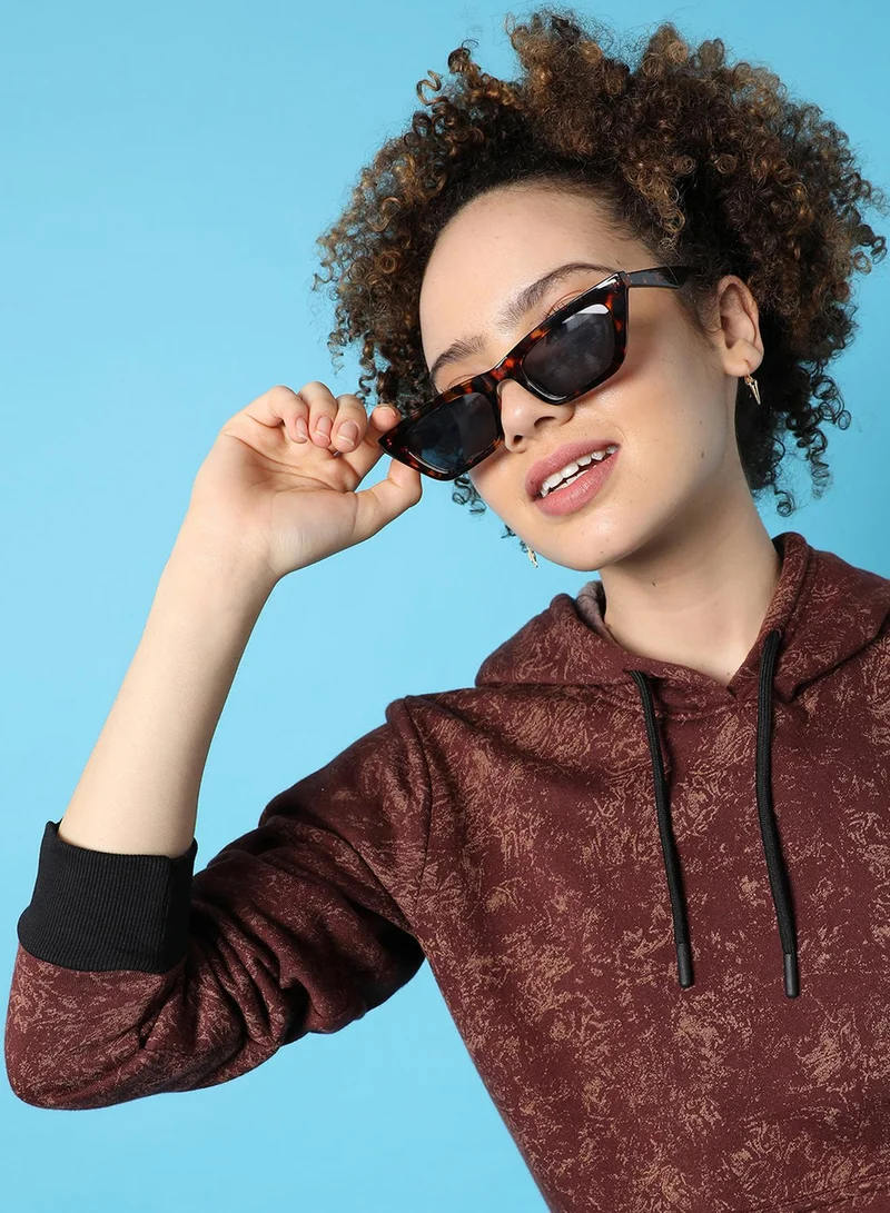 كامبوس سوترا هودي نسائي بني مطبوع بحافة متباينة للاستخدام الكاجوال