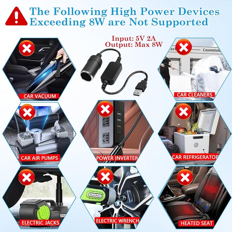 CoolShef محول CoolShef USB إلى مقبس ولاعة السجائر، 5V USB A ذكر إلى 12V 8W محول كابل طاقة شاحن سيارة لمcamera داش، GPS، شرائط LED، منقي هواء السيارة، E-Dog، الإلكترونيات السيارات - Image 5