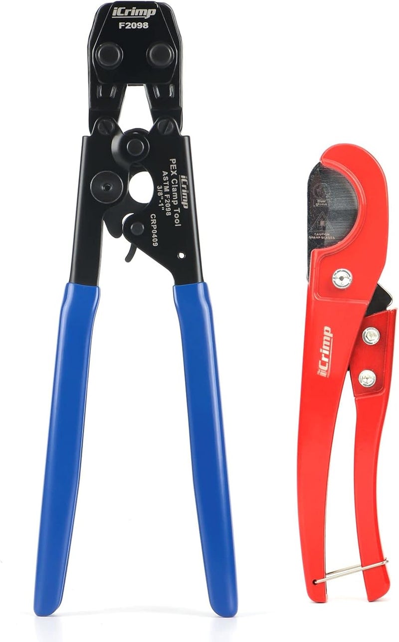 iCRIMP PEX Clamp Cinch Tool for 3/8-inch to 1-inch Stainless Steel Clamps meet ASTM F2098 Standard with Pex Pipe Cutter Blue&red - Image 1