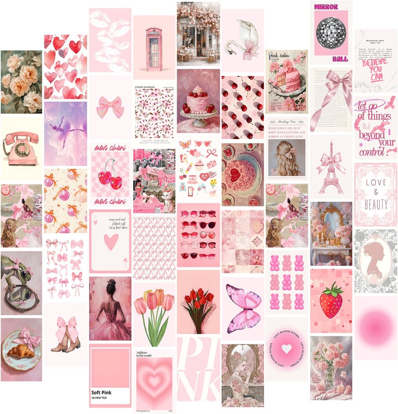 ASTRDECOR Pink Coquette Room Decor Aesthetic Pictures 50 PCS - Coquette Wall Art Prints 4"x6", Trendy Cute Home Decor, Wall Collage Kit For Teen Girls Dorm Bedroom, Vintage Pink Bow Posters - Image 1