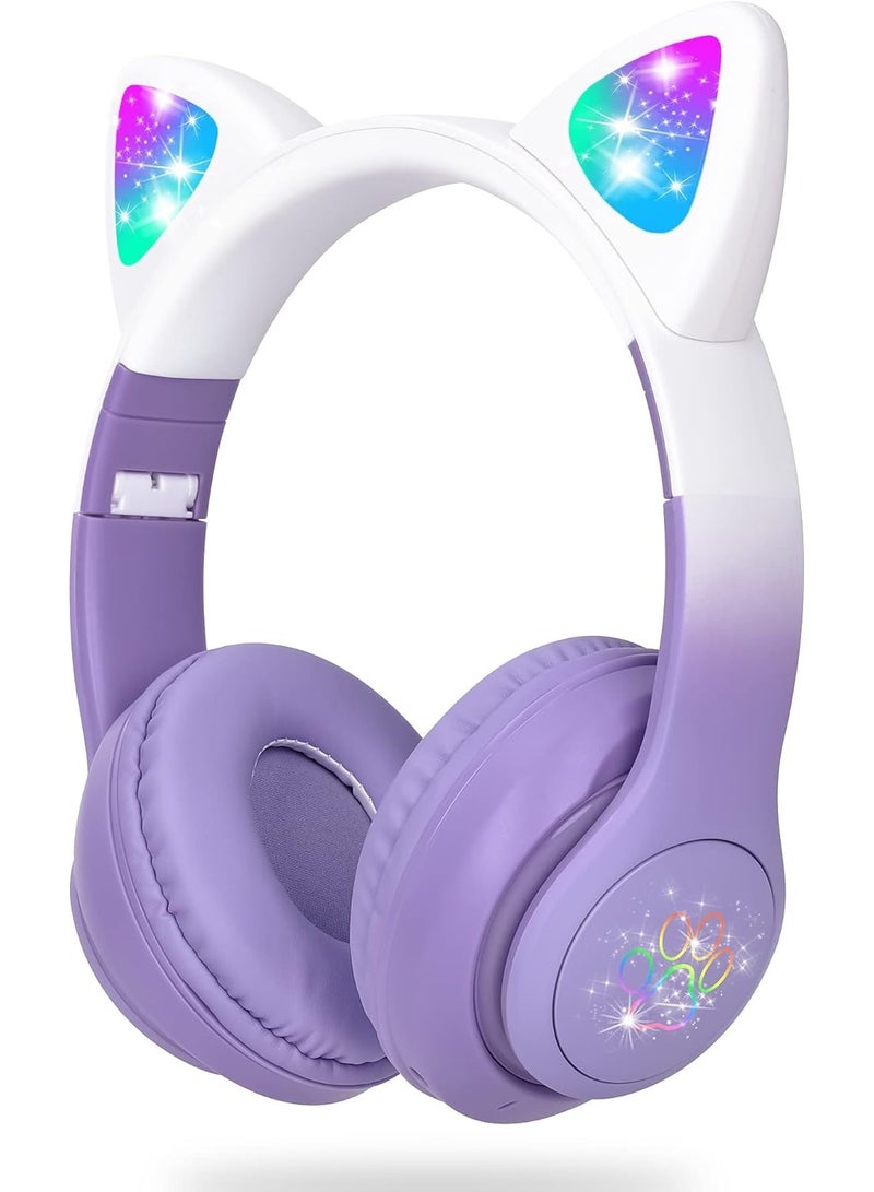 كات سماعات بلوتوث للأطفال بتصميم أذن قطة لطيفة STN28 - سماعة رأس لاسلكية للبنات مزودة بميكروفون وإضاءة LED (تصميم قابل للطي) - Image 1