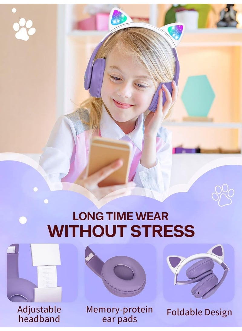 كات سماعات بلوتوث للأطفال بتصميم أذن قطة لطيفة STN28 - سماعة رأس لاسلكية للبنات مزودة بميكروفون وإضاءة LED (تصميم قابل للطي) - Image 2