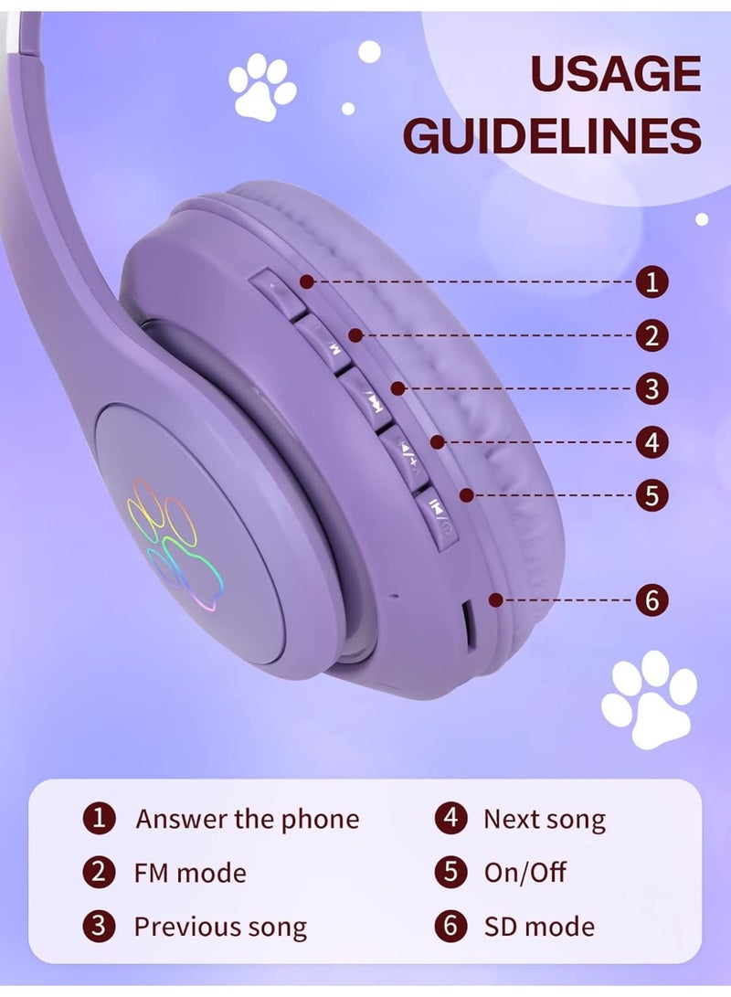 كات سماعات بلوتوث للأطفال بتصميم أذن قطة لطيفة STN28 - سماعة رأس لاسلكية للبنات مزودة بميكروفون وإضاءة LED (تصميم قابل للطي) - Image 3