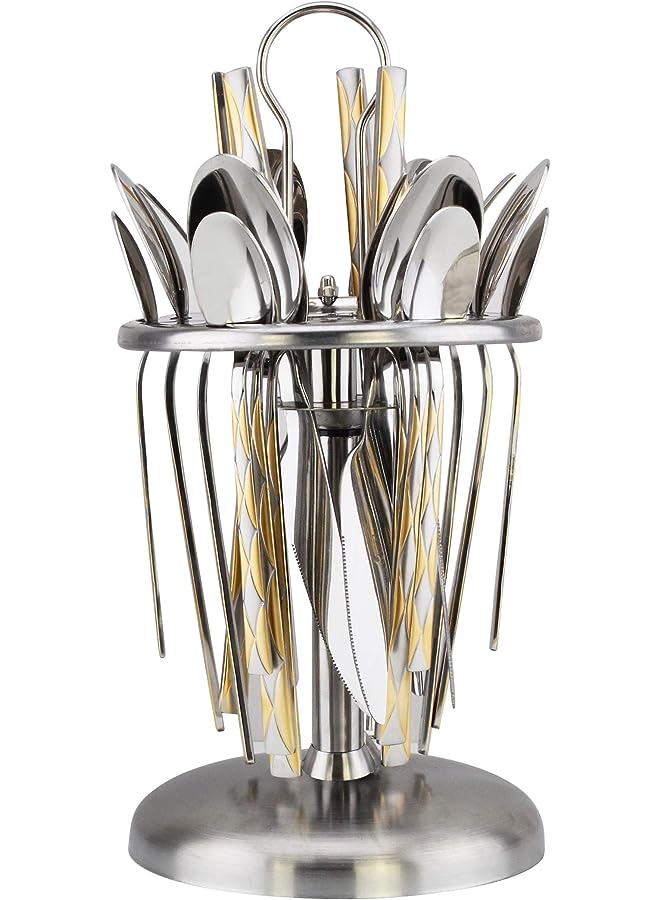 Berger 24 Piece Silverware Flatware Cutlery Set with Round Stand, Stainless Steel Includes 6 Knife, 6 Fork, 6 Tea Spoon, 6 Dinner Spoon, Mirror Polished, Dishwasher Safe - Image 1