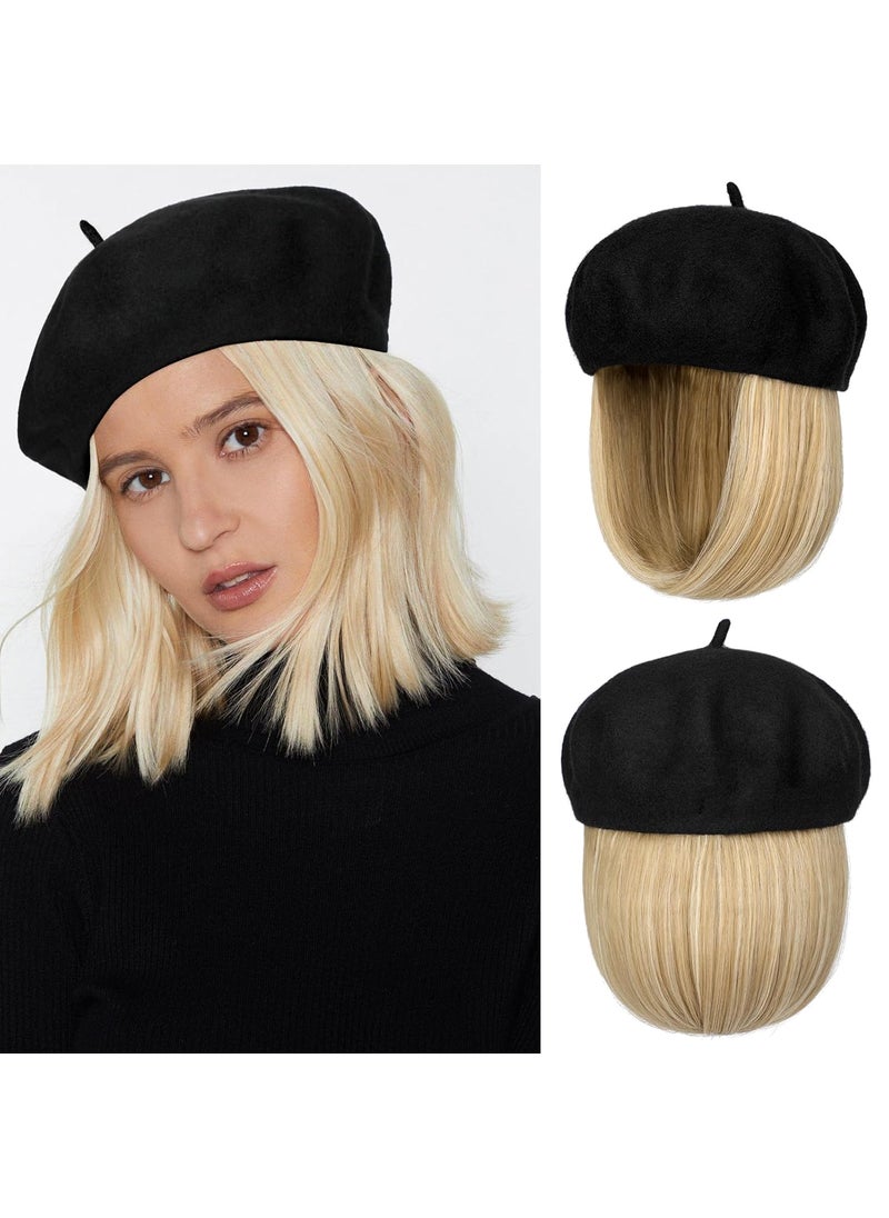 Lansigreen - Hat Wig Beret Hat with Hair Extensions Classic French Wool Hat Attached 12 Straight Short Bob Hairpiece Synthetic for Women Light Blonde Mix Bleach Blonde - Image 1