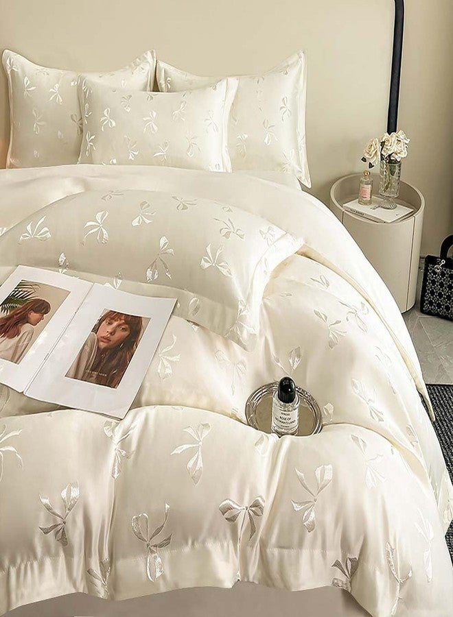 Nayoroom Bow Duvet Cover Queen Size Cooling Duvet Cover for Hot Sleepers 3 Pieces Elegant Cream White Satin Jacquard Breathable Bedding Set with Zipper Closure, Girls Dorm Bedding - Image 3