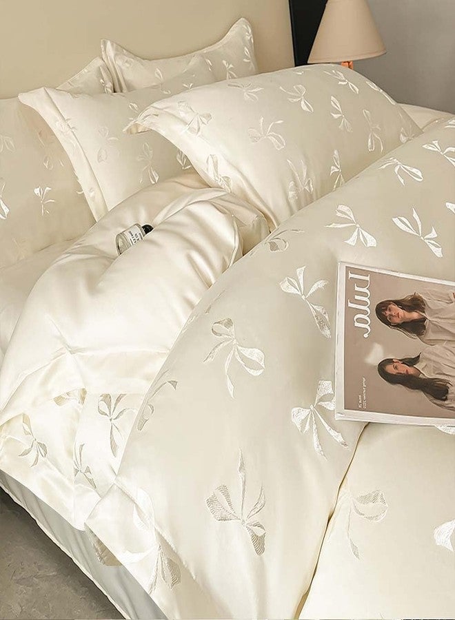 Nayoroom Bow Duvet Cover Queen Size Cooling Duvet Cover for Hot Sleepers 3 Pieces Elegant Cream White Satin Jacquard Breathable Bedding Set with Zipper Closure, Girls Dorm Bedding - Image 2