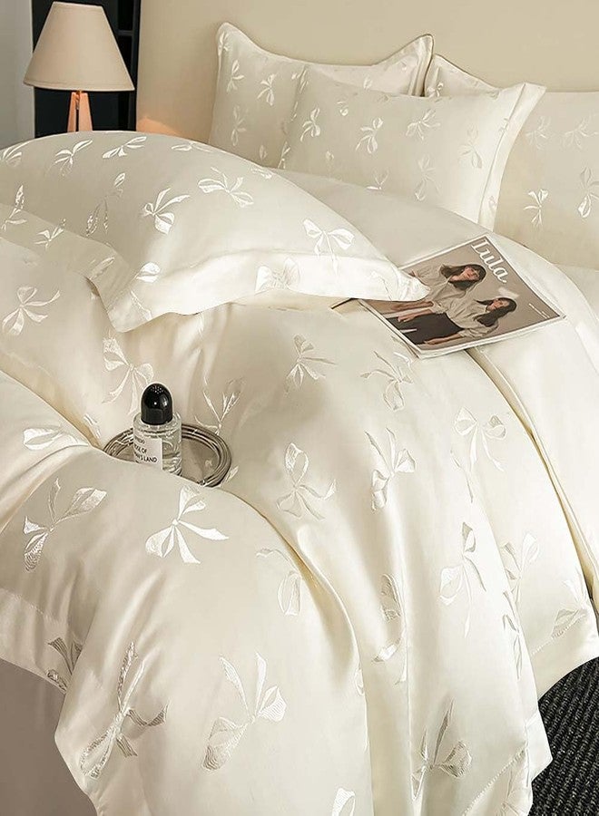Nayoroom Bow Duvet Cover Queen Size Cooling Duvet Cover for Hot Sleepers 3 Pieces Elegant Cream White Satin Jacquard Breathable Bedding Set with Zipper Closure, Girls Dorm Bedding - Image 5