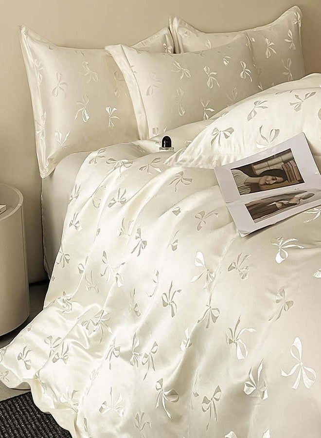 Nayoroom Bow Duvet Cover Queen Size Cooling Duvet Cover for Hot Sleepers 3 Pieces Elegant Cream White Satin Jacquard Breathable Bedding Set with Zipper Closure, Girls Dorm Bedding - Image 1