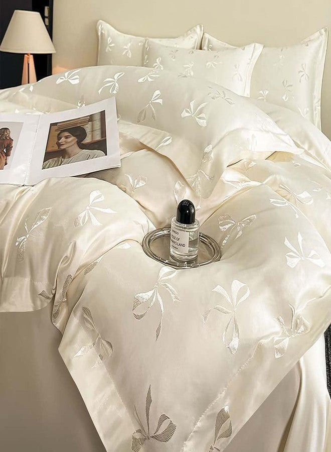 Nayoroom Bow Duvet Cover Queen Size Cooling Duvet Cover for Hot Sleepers 3 Pieces Elegant Cream White Satin Jacquard Breathable Bedding Set with Zipper Closure, Girls Dorm Bedding - Image 4