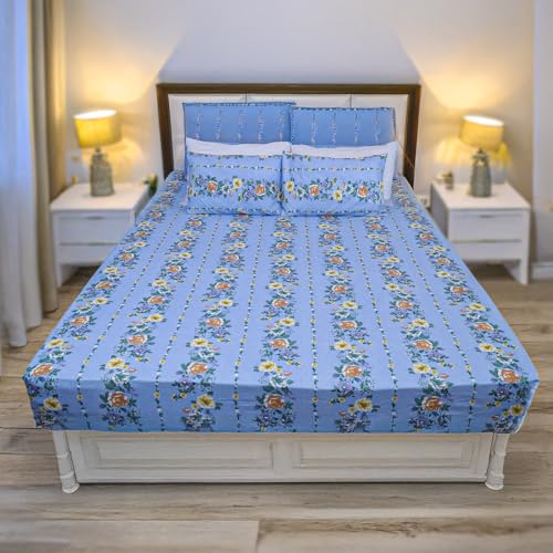 Status Contract Cotton Rich Double Bedsheet with 2 Pillow Covers for Bed Room, Home, Hotel-120 GSM (Blue) - Image 1
