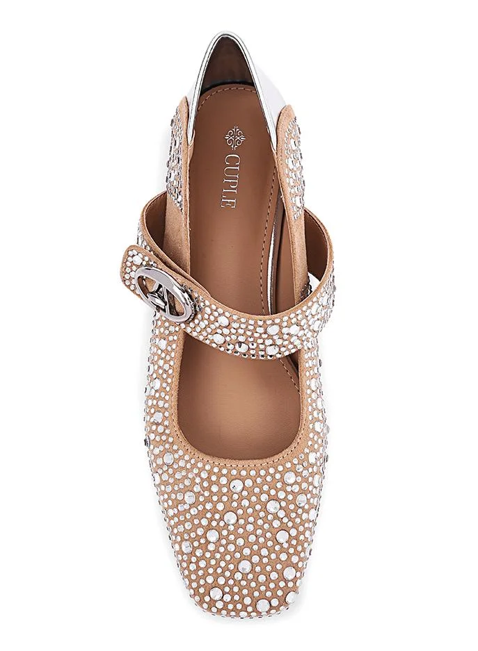 Cuple Beige/Silver Cuple Embellished Strap Ballerina Flats for Women | Best Price UAE